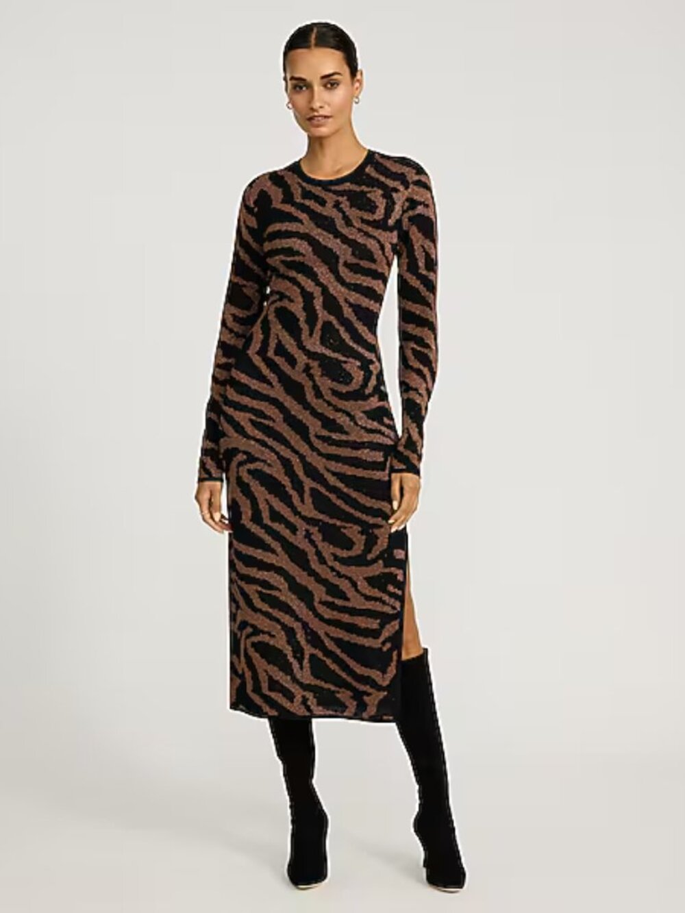 Express Metallic Zebra Print Crew Neck Long Sleeve Midi Sweater Dress XS